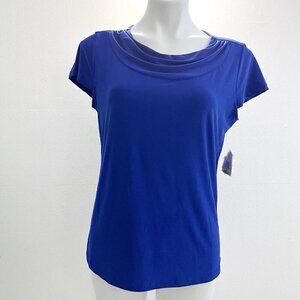 Kasper Cowl Neck Royal Blue Blouse Top MEDIUM Short Sleeve Stretch NEW